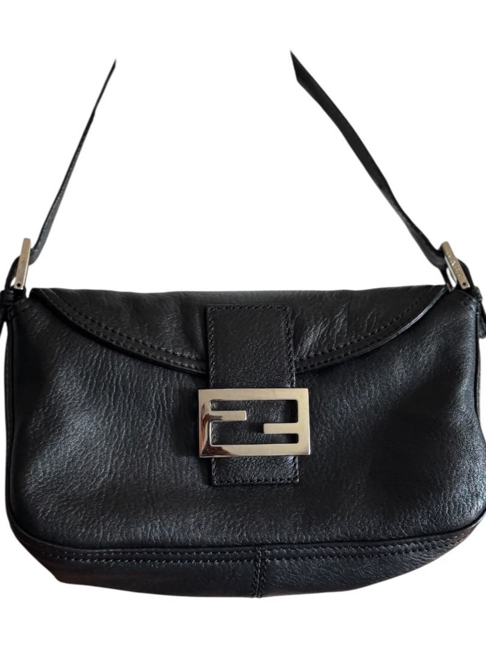 Fendi Black Leather Baguette Shoulder Bag with FF Silver-Tone Logo Clasp - Picture 5 of 6